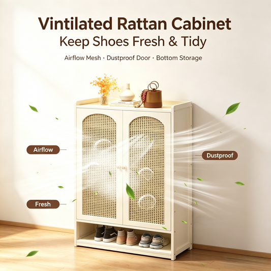 Rattan Door Shoe Cabinet, Ventilated Entryway Shoe Storage Organizer