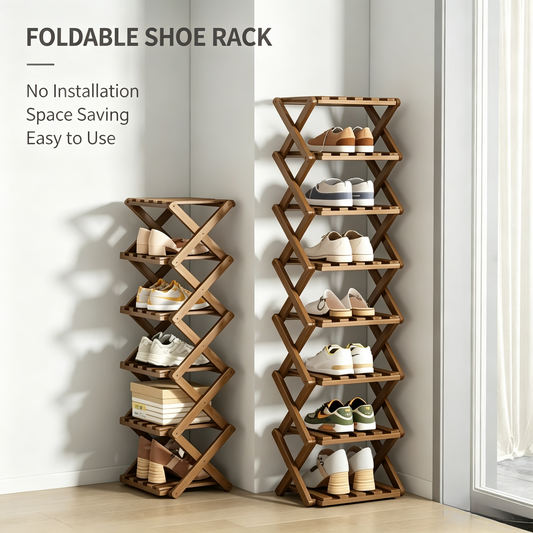 Foldable Wooden Shoe Rack, No Assembly Entryway Shoe Storage Organizer