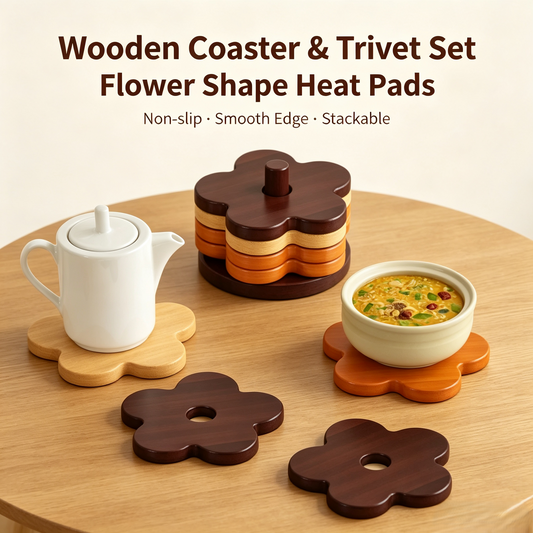 Flower Shaped Wooden Trivet &amp; Coaster Set with Storage Stand