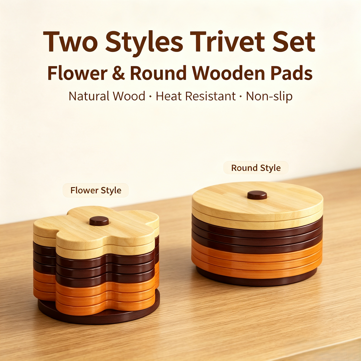 Flower Shaped Wooden Trivet &amp; Coaster Set with Storage Stand