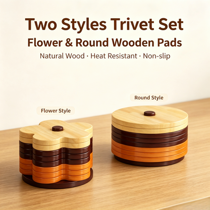 Flower Shaped Wooden Trivet &amp; Coaster Set with Storage Stand
