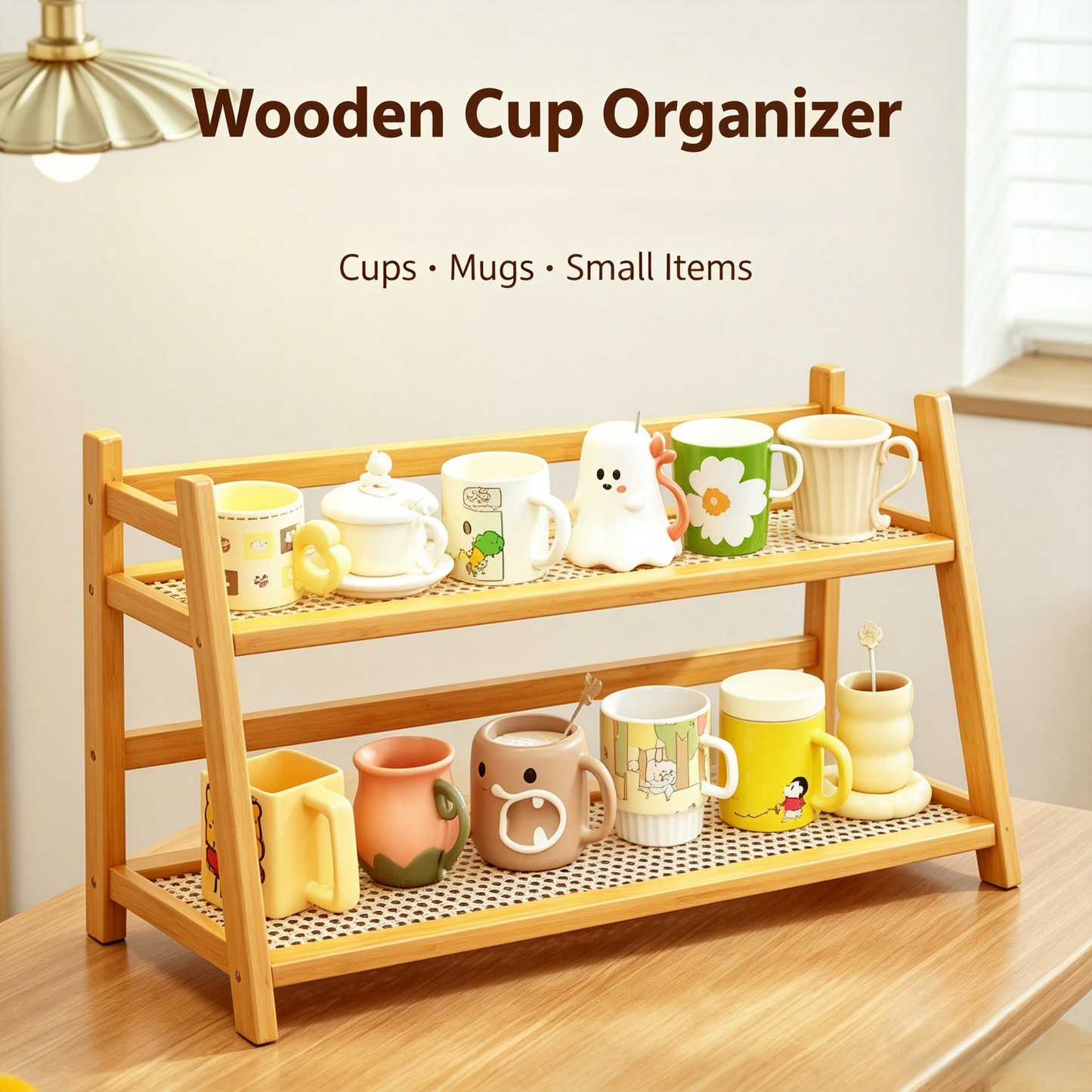 Wooden Cup Storage Rack, Tabletop Mug Organizer Shelf
