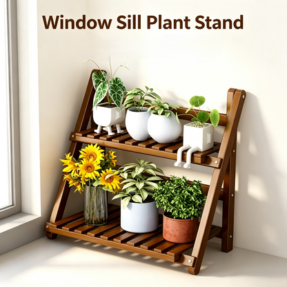 2-Tier Folding Wooden Plant Stand, Tabletop Flower Pot Display Rack