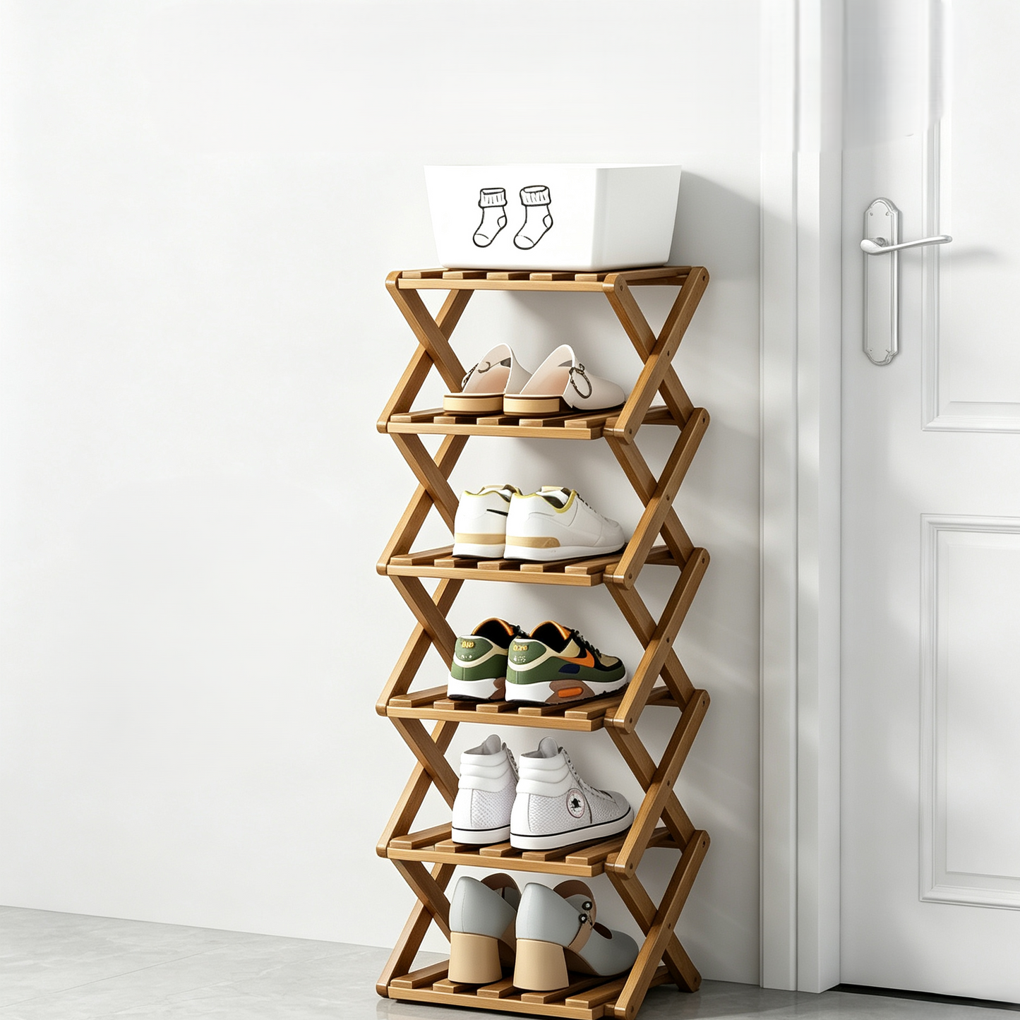 Foldable Wooden Shoe Rack, No Assembly Entryway Shoe Storage Organizer