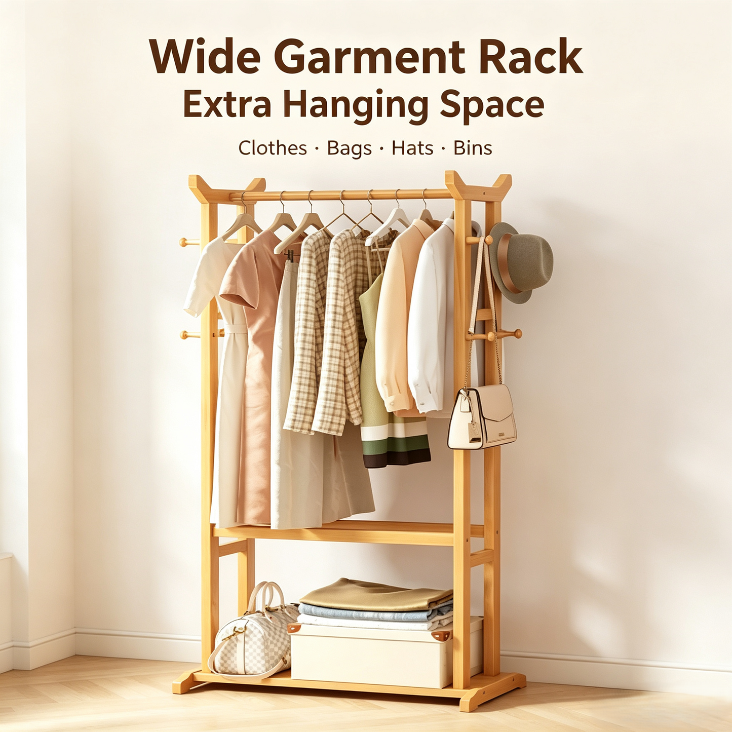 Wooden Freestanding Garment Rack, Multi-function Clothes Storage Organizer