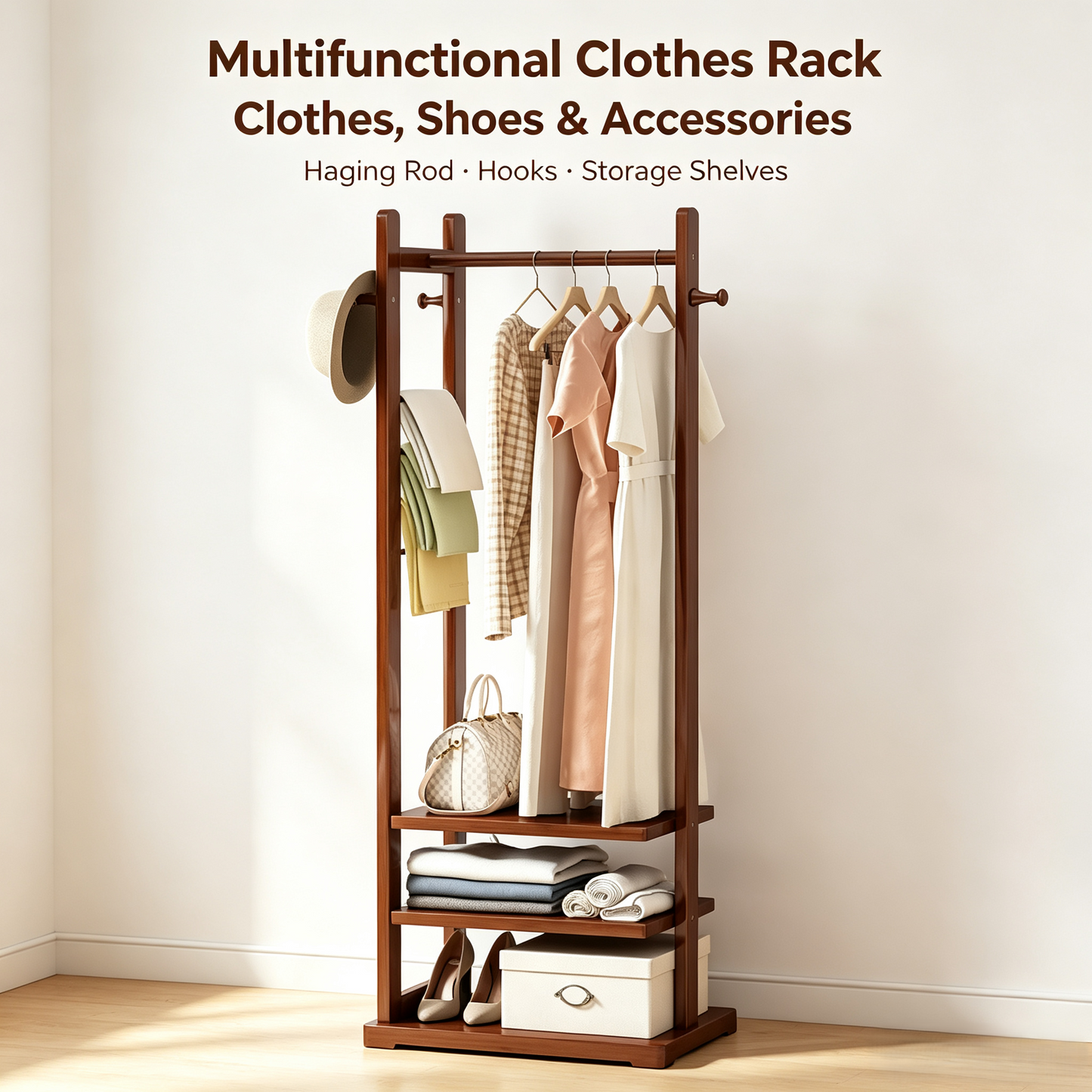 Wooden Freestanding Garment Rack, Multi-function Clothes Storage Organizer