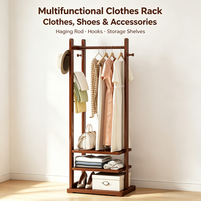 Wooden Freestanding Garment Rack, Multi-function Clothes Storage Organizer