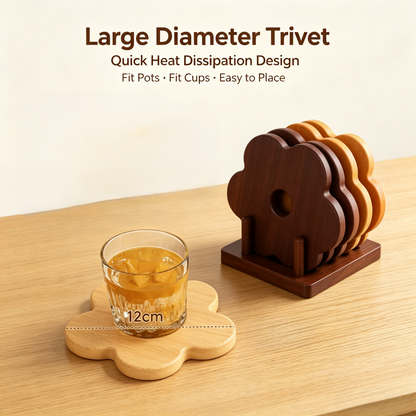 Flower Shaped Wooden Trivet &amp; Coaster Set with Storage Stand