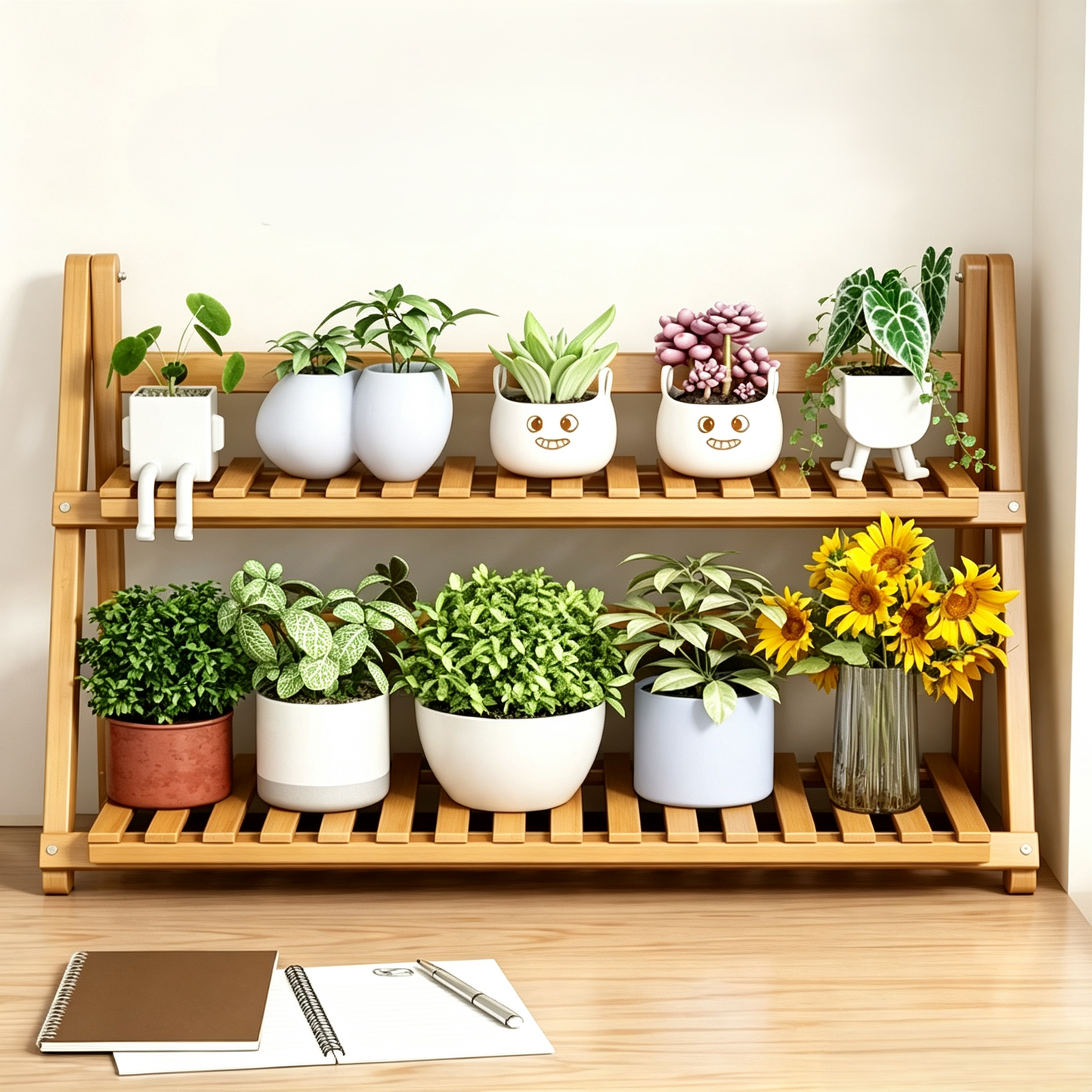 2-Tier Folding Wooden Plant Stand, Tabletop Flower Pot Display Rack