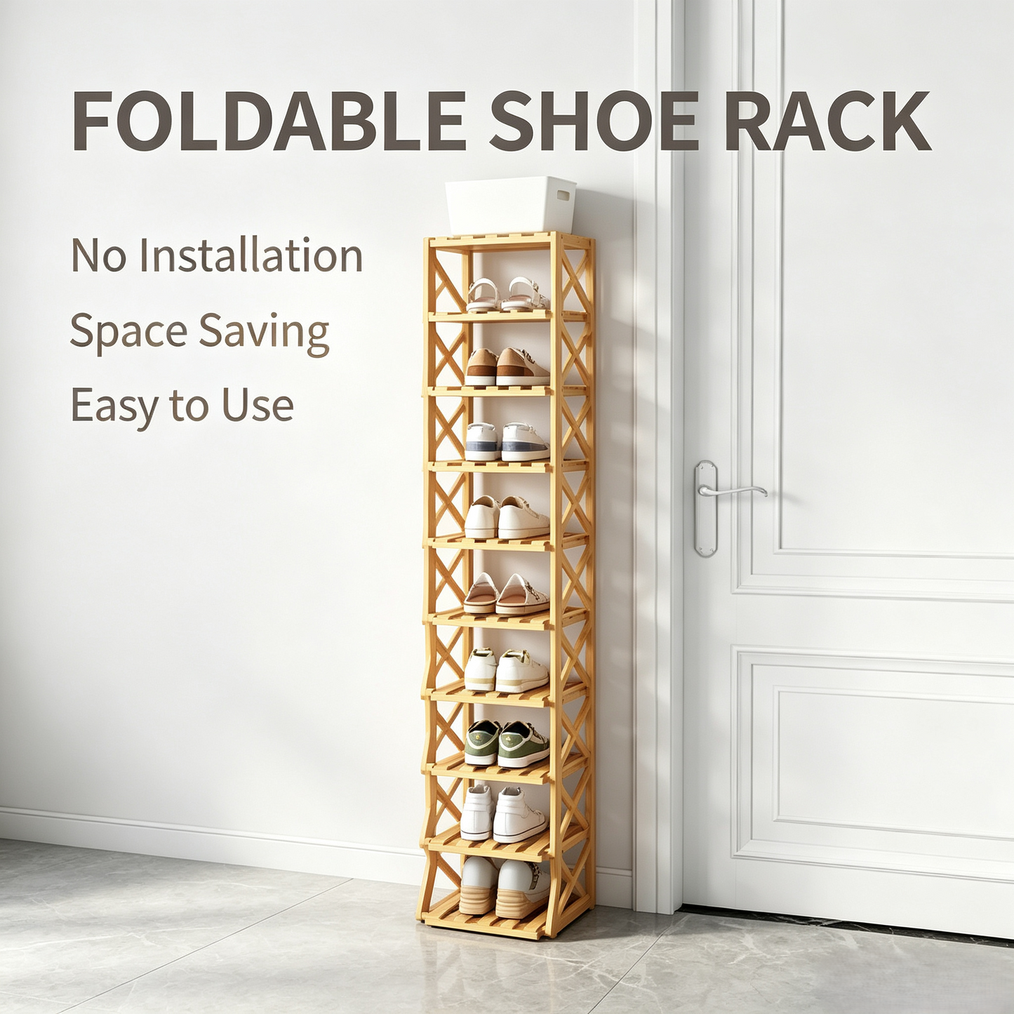 Foldable Wooden Shoe Rack, No Assembly Entryway Shoe Storage Organizer