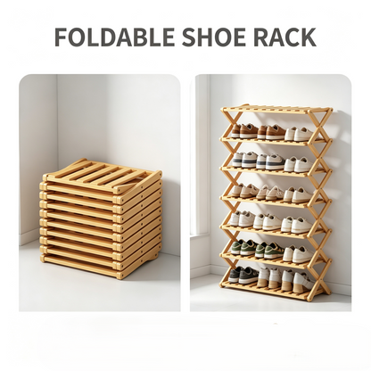 Foldable Wooden Shoe Rack, No Assembly Entryway Shoe Storage Organizer