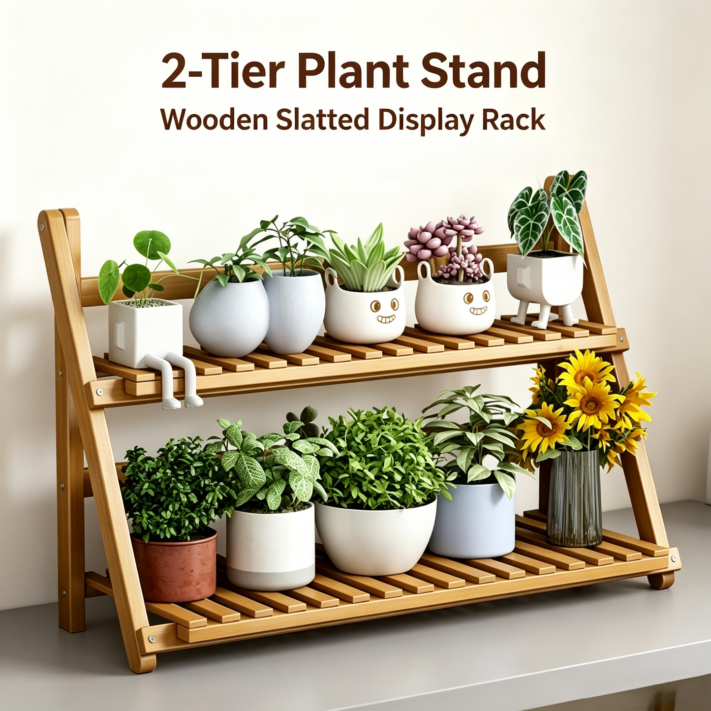 2-Tier Folding Wooden Plant Stand, Tabletop Flower Pot Display Rack