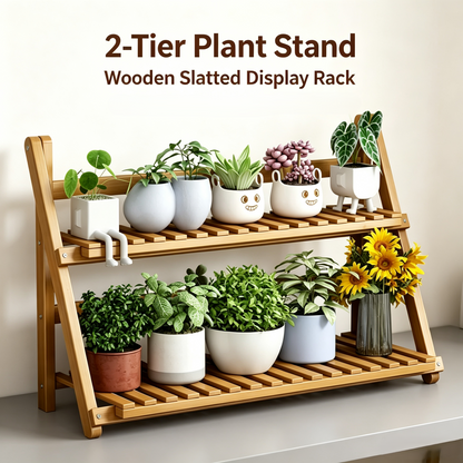 2-Tier Folding Wooden Plant Stand, Tabletop Flower Pot Display Rack