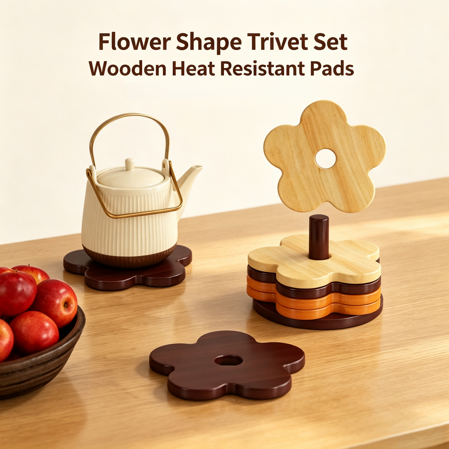 Flower Shaped Wooden Trivet &amp; Coaster Set with Storage Stand